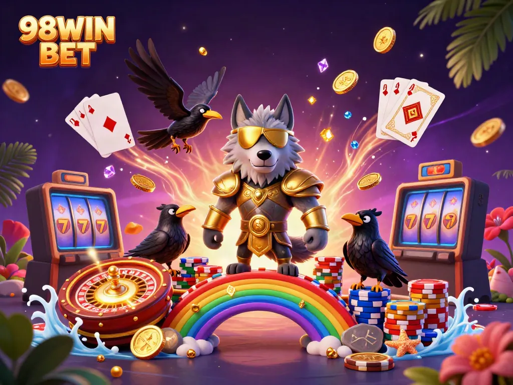 Experience thrilling adventures at 98WIN BET with Odin and ravens on a casino chips bridge.