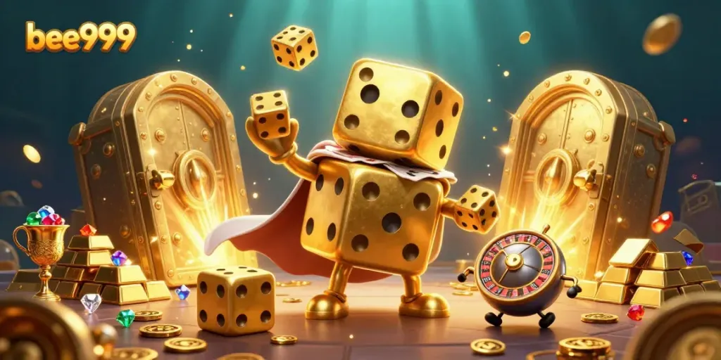 Experience thrilling gameplay and casino adventures with bee999 in a vibrant 3D illustrated scene filled with treasure.