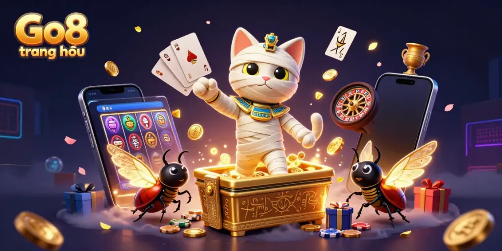 Engage with the exciting Go8 trang chủ scene showcasing a 3D Egyptian mummy cat amidst vibrant casino elements and games.