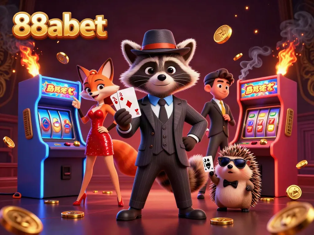 Experience the excitement of 88abet with a suave raccoon and friends in a vibrant, fun-filled casino scene.