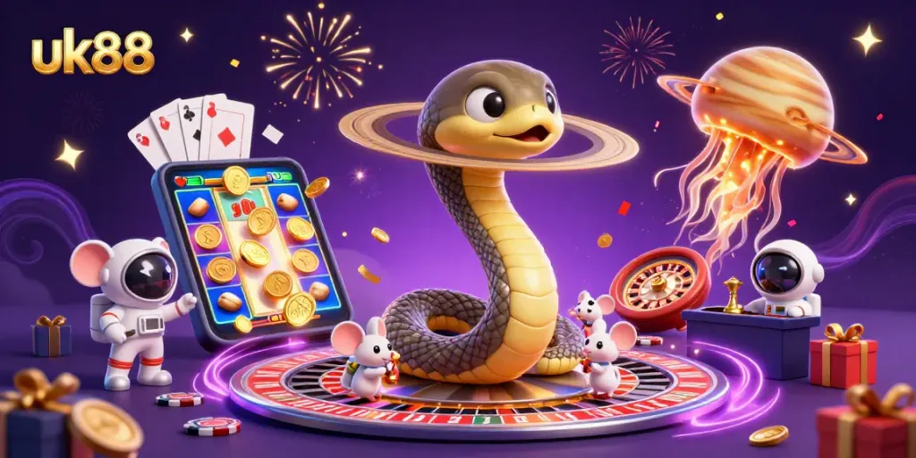 uk88 players betting at a cosmic casino where a Saturn ring snake spins roulette while mice place bets.