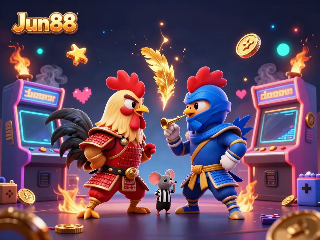 In an intense showdown, Jun88 features twin fighting roosters in armor surrounded by exciting casino game elements.