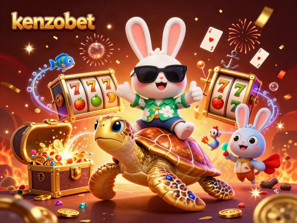 Experience kenzobet's excitement with a vibrant 3D scene featuring a lucky rabbit and a golden sea turtle amidst casino elements.