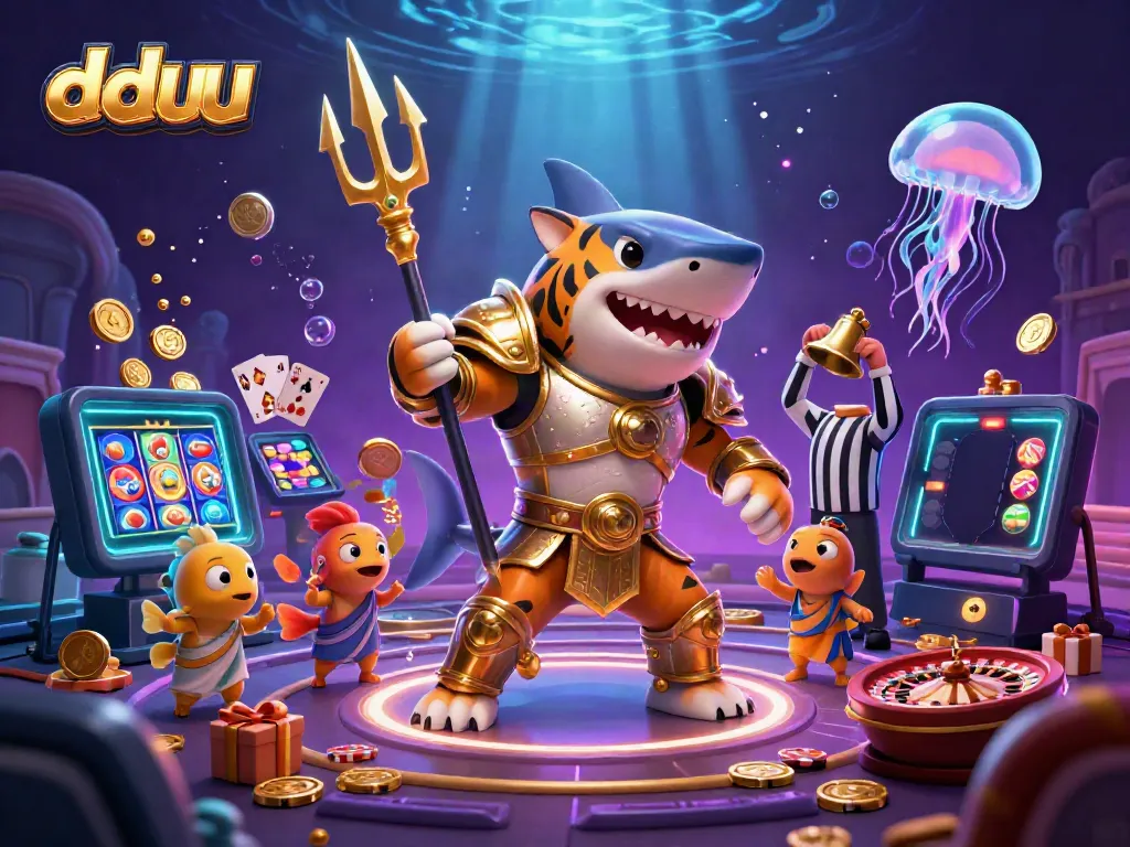 Experience thrilling gaming moments at dduu with a shark gladiator in an underwater casino.