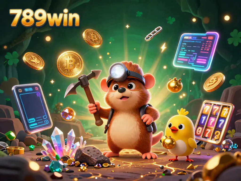Engage with 789win's exhilarating treasure hunting scene featuring crypto coins and lively gaming elements.