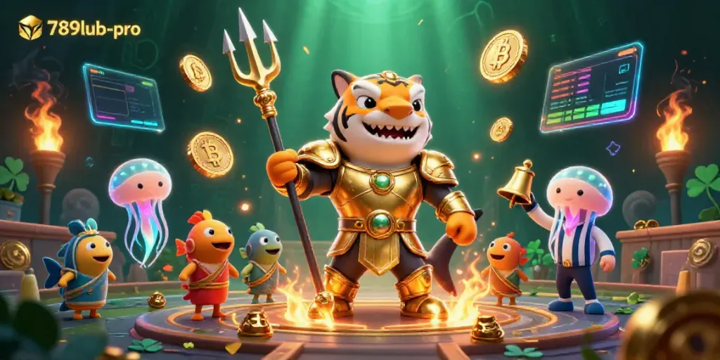 Engage with thrilling action at 789lub-pro featuring a heroic tiger shark amidst crypto elements in an underwater colosseum.
