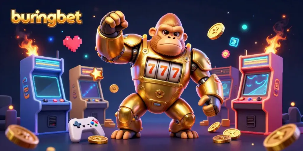 Win big with burungbet featuring a 3D gorilla mech and arcade elements showcasing casino excitement.
