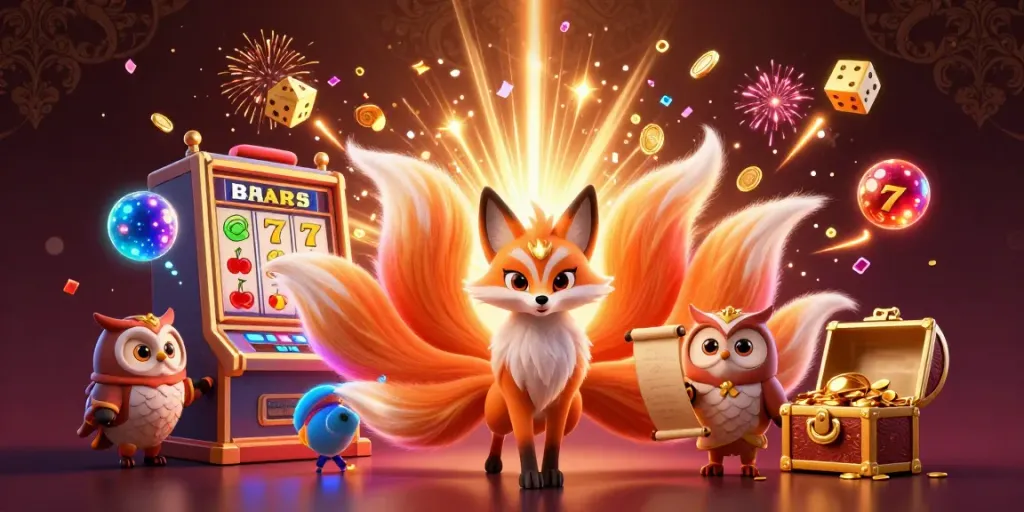 Experience the colorful magic of manadototo with the glowing fox spirit and owl sage amid vibrant casino elements.