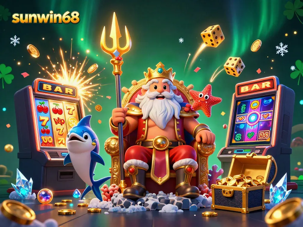 Spin to win with sunwin68 in a vibrant 3D casino scene featuring Neptune and jackpot elements.