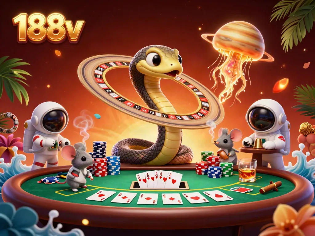 Enchanting 3D casino scene with 188v elements, as astronaut mice place bets on a Saturn roulette wheel.