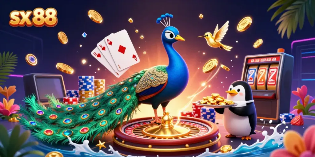 Experience excitement at sx 88 as a peacock and friends celebrate big wins with golden chips and vibrant casino elements.