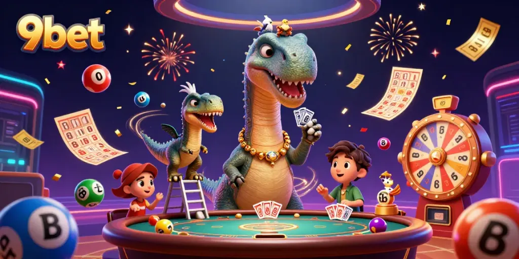 Engage in thrilling gameplay with 9bet as colorful lottery balls and casino excitement surround a whimsical dinosaur scene.
