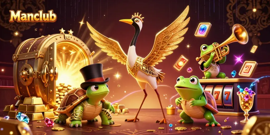 Manclub's vibrant casino scene features a geometric art deco crane and a top-hat turtle celebrating big wins.