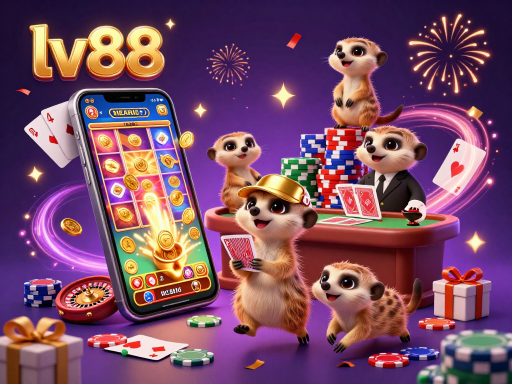 Experience the excitement of lv88 casino gaming with a animated meerkat scene showcasing vibrant slot games, chips, and festive atmosphere.