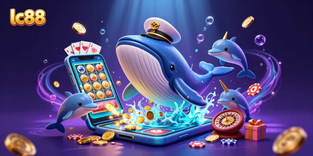 Win big at lc88 with a vibrant 3D scene of a whimsical casino world featuring a playful whale!