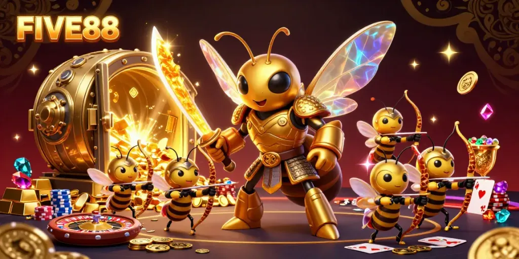 Engage in thrilling gameplay at FIVE88 with vibrant casino elements and dynamic characters.
