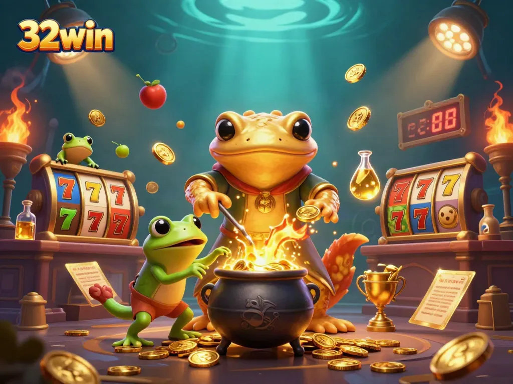 Experience the excitement of 32win gaming with this vibrant 3D illustration of an alchemist transmuting to gold.