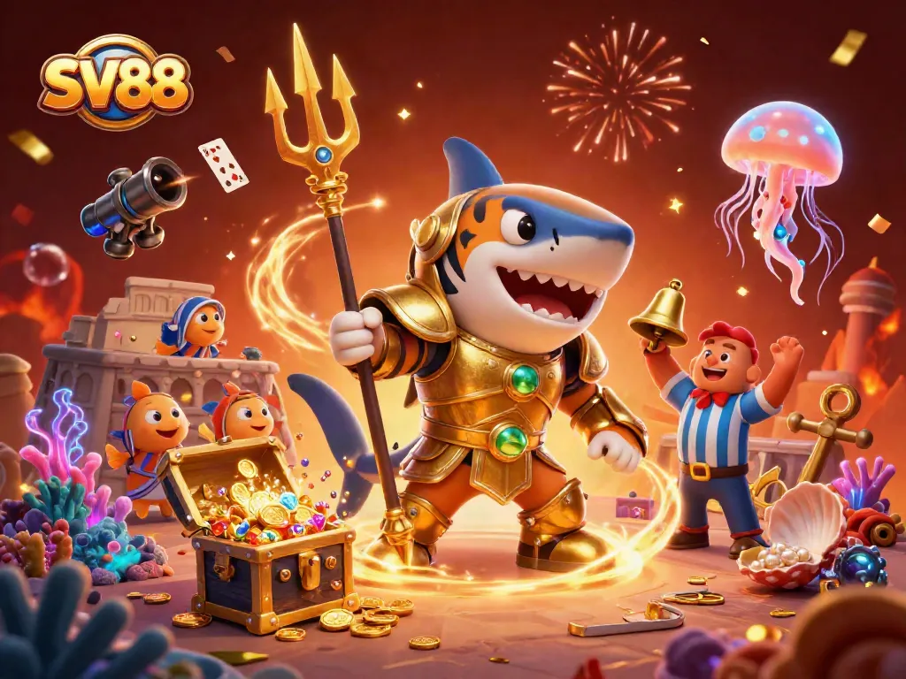 SV88 showcases a thrilling underwater casino scene with a tiger shark and vibrant game elements.