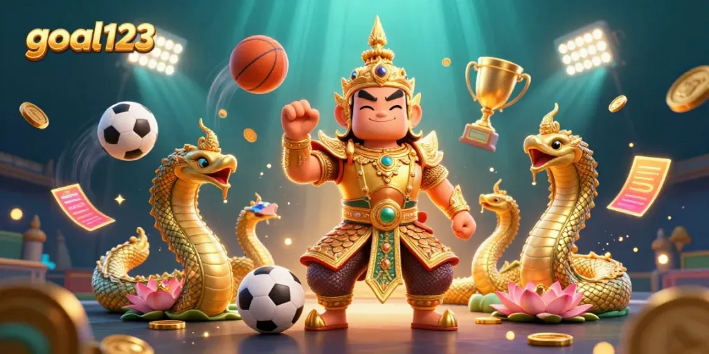Experience gaming excitement with goal123 through vibrant 3D illustration showcasing thrilling sports betting elements.