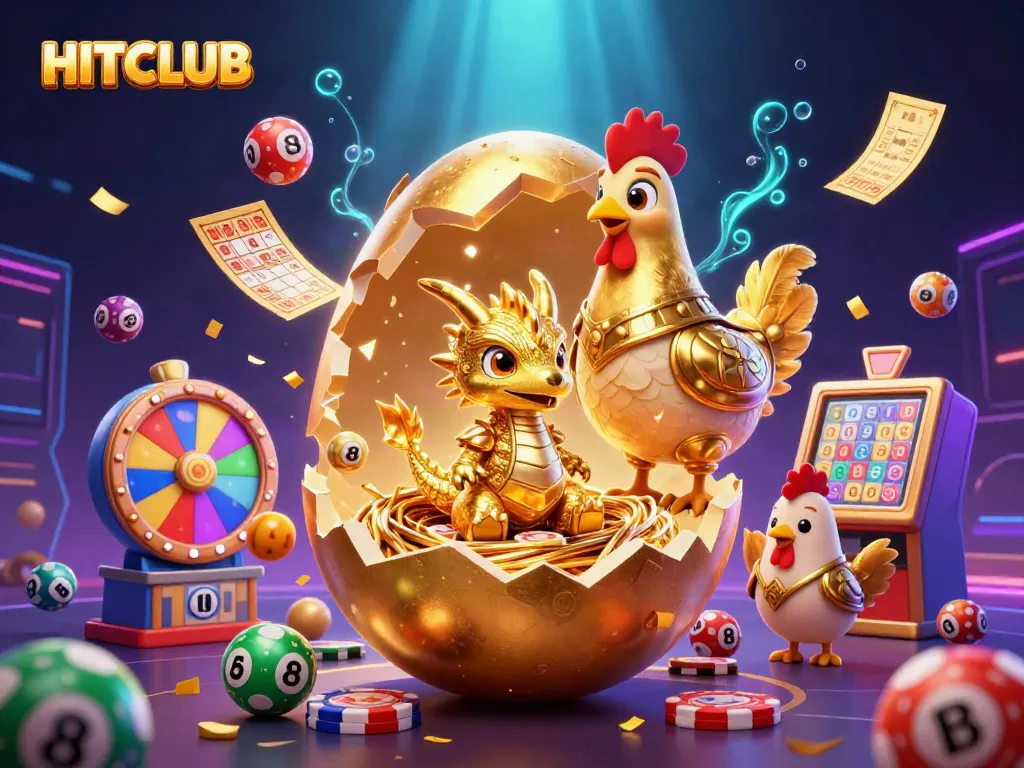 Play exciting games at HITCLUB while a golden dragon emerges from a poker chip nest in a vibrant casino scene.