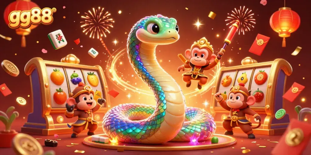 Win big with gg88 as a rainbow serpent and monkey king light up a vibrant casino scene.