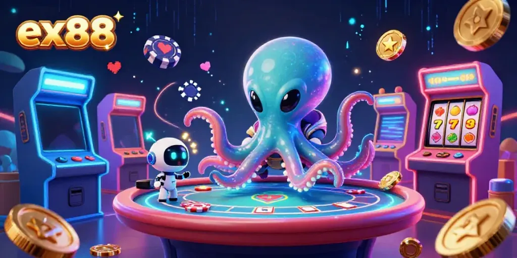 Experience exciting gaming with ex88 as an alien octopus hosts a vibrant casino scene