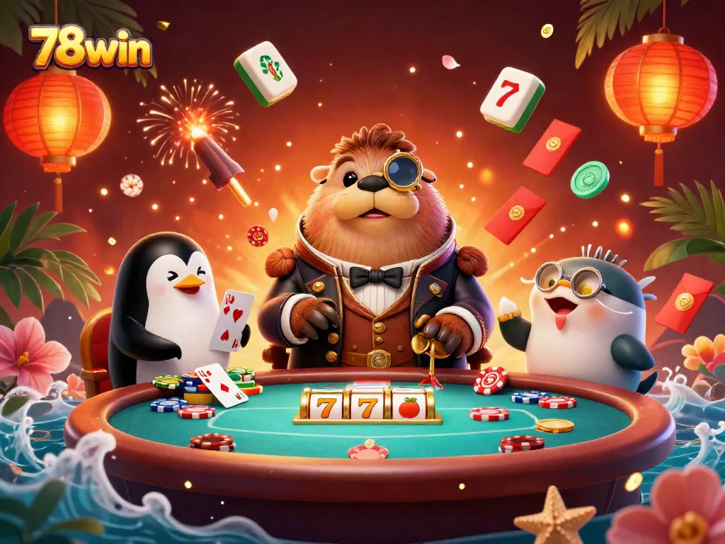 Experience thrilling poker action with 78win walrus, penguin dealer, and pufferfish players at a vibrant underwater casino.