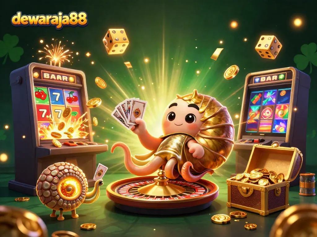 Gambarkan dewaraja88 dengan simbol permainan kasino yang berkilauan dan nautilus antik di dalam aksi.