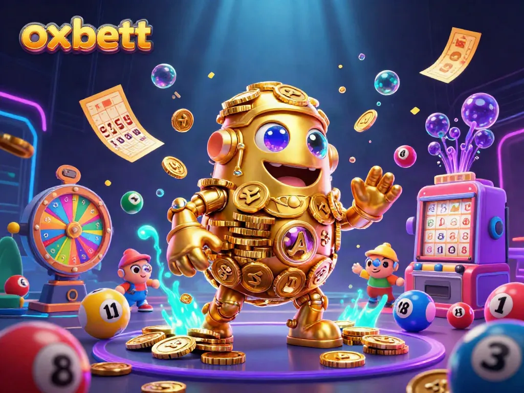 Experience exciting games at oxbett with vibrant 3D golden golem and colorful lottery elements.