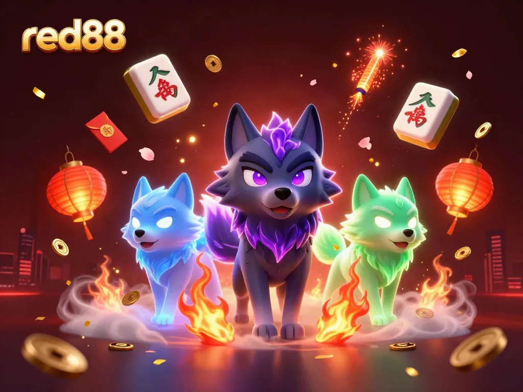 Experience the vibrant energy of red88 with ghostly wolves and festive casino elements.