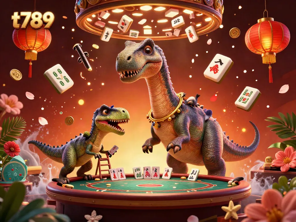 Experience thrilling t789 gameplay with whimsical dinosaurs in a vibrant casino setting full of gold confetti.