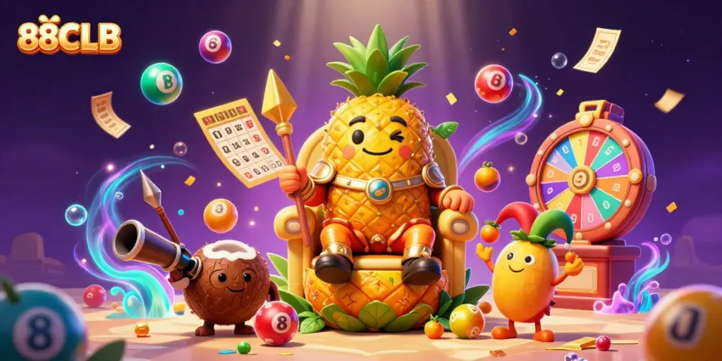 Engage with 88CLB's rich beach casino scene featuring vibrant lottery elements and a golden pineapple king.