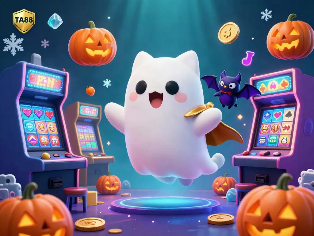 Engage in the vibrant world of TA88 by experiencing this immersive 3D casino scene featuring a ghost cat, bat companion, and glowing poker jack-o-lanterns.