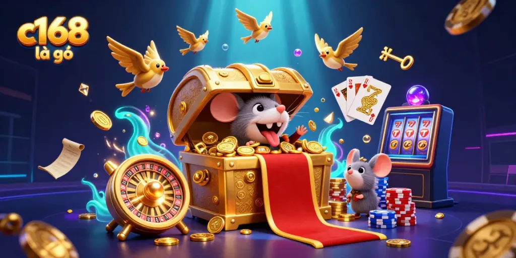 Engage in thrilling online gaming with 'c168 là gì', featuring lively 3D treasure chest and dynamic casino elements.