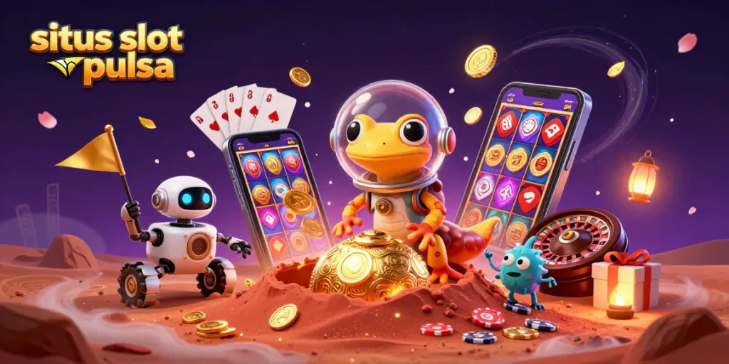 Experience the thrill of situs slot pulsa with the Martian gecko discovering a golden casino on Mars.
