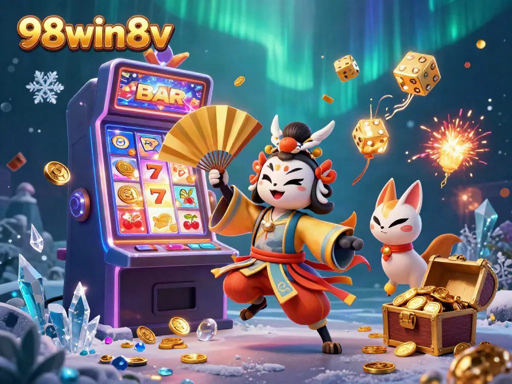 Spin the reels with 98win8v in this vibrant casino scene featuring a kabuki warrior.