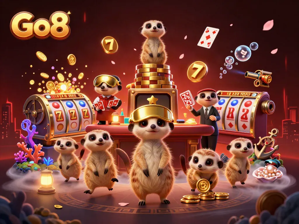 Engage in the vibrant casino action with Go8 where meerkats manage gaming thrills amid golden treasures.