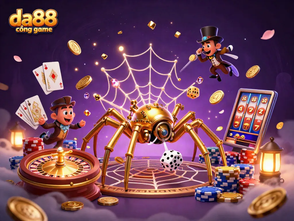 Catch the excitement at da88 cổng game with a steampunk-themed 3D casino scene filled with vibrant elements.