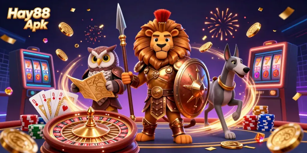 Experience the thrill of Hay88 Apk with vibrant casino characters and dynamic gaming elements.