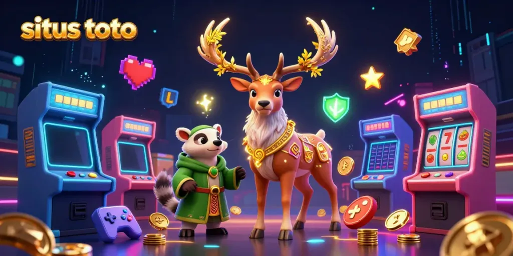 Situs toto gaming illustration showcasing a Celtic druid stag and badger among vibrant casino game elements.