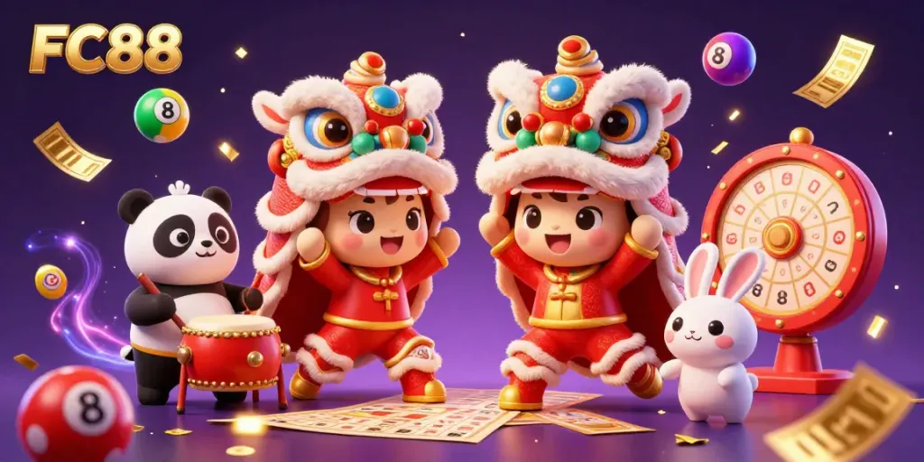 Witness FC88's thrilling lion dance with vibrant elements in this colorful gambling scene.