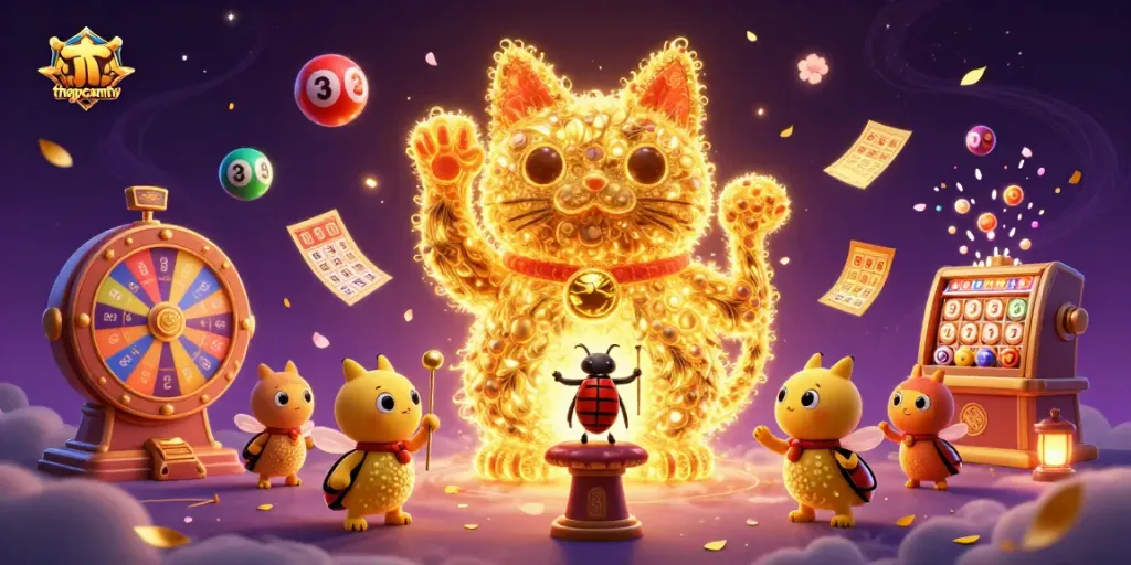 Engage with thapcamtv's vibrant online casino experience, featuring a lucky cat and dynamic gambling elements.