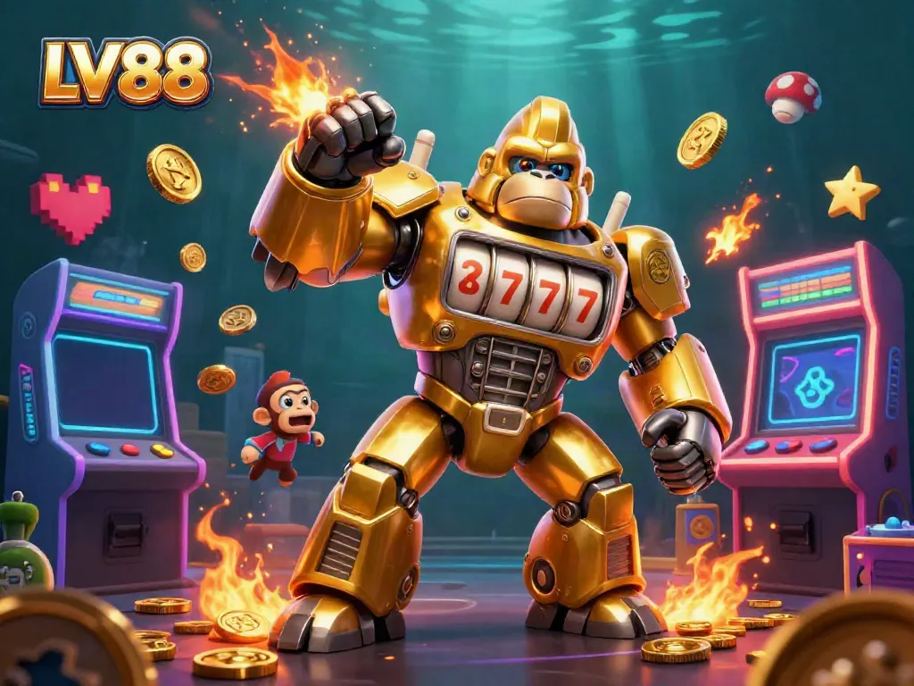 Experience the thrill of LV88 with a spectacular gorilla mech in a vibrant casino scene.