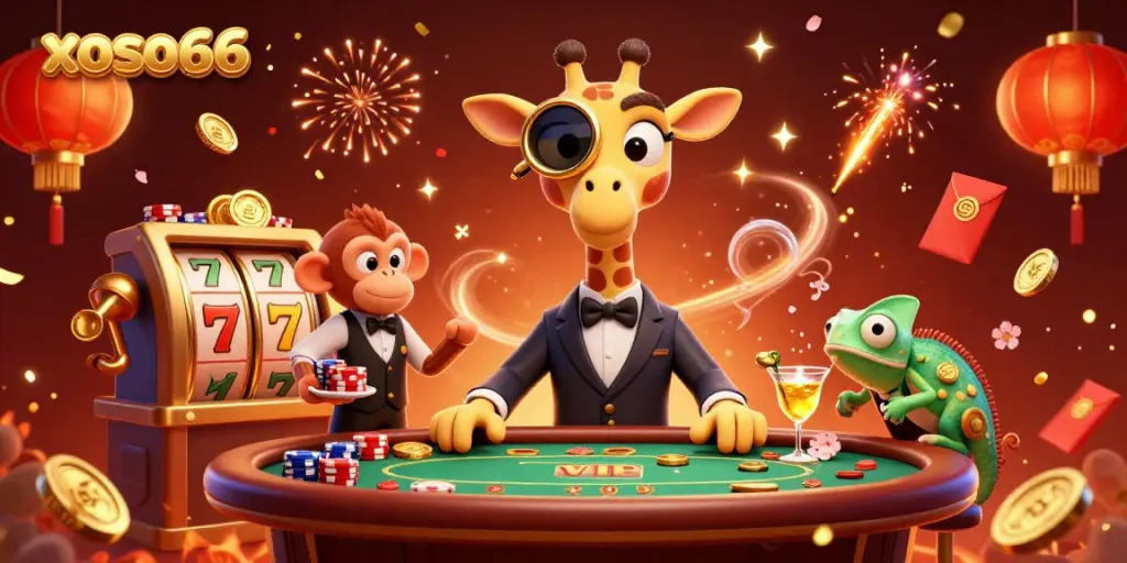 Engage with xoso66 as a giraffe high-roller enjoys VIP poker while celebrating with lucky elements and vibrant details.