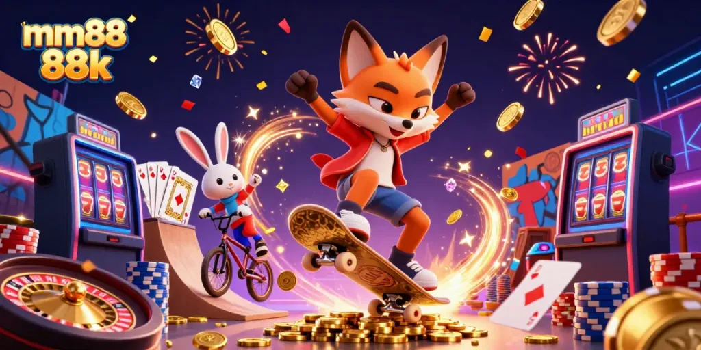 Experience thrilling gameplay with mm88 88k featuring a skateboarder fox and BMX rabbit in a vibrant casino scene