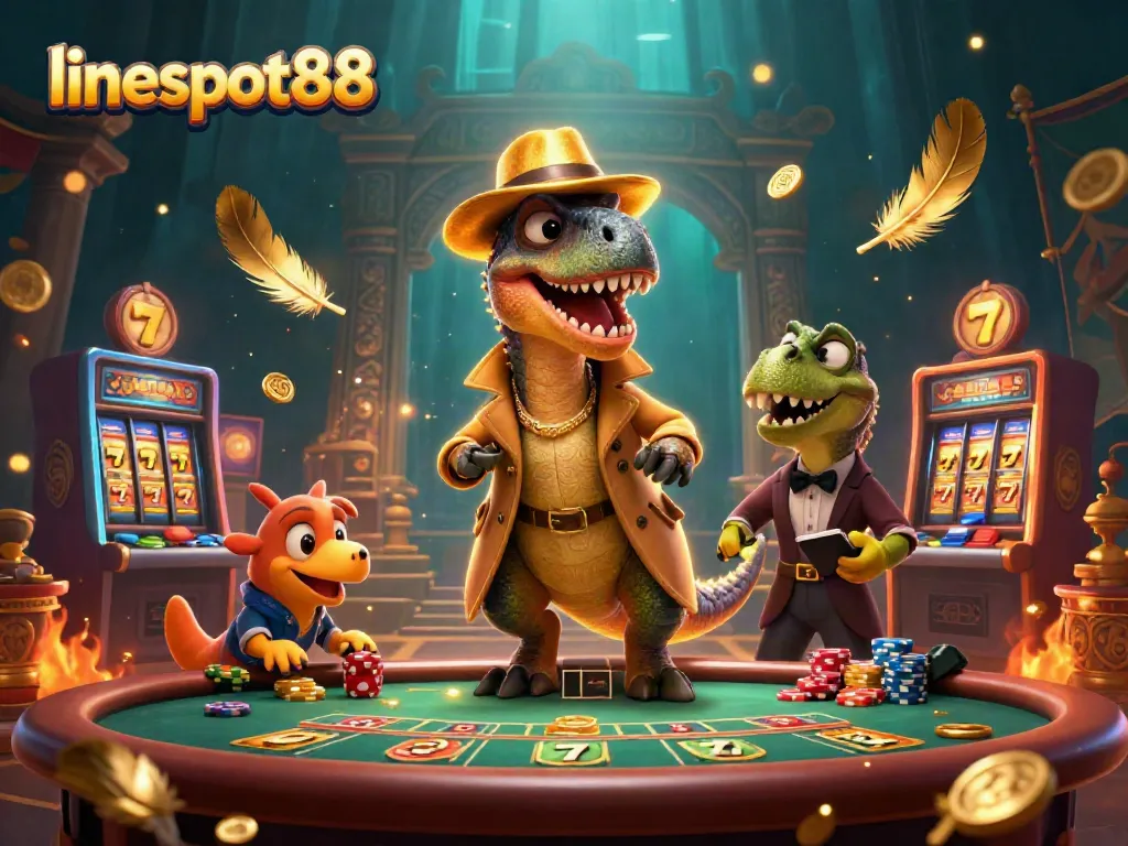 Engage with lineslot88 as a velociraptor card counter amidst vibrant slot elements and supporting characters in an exciting casino scene.
