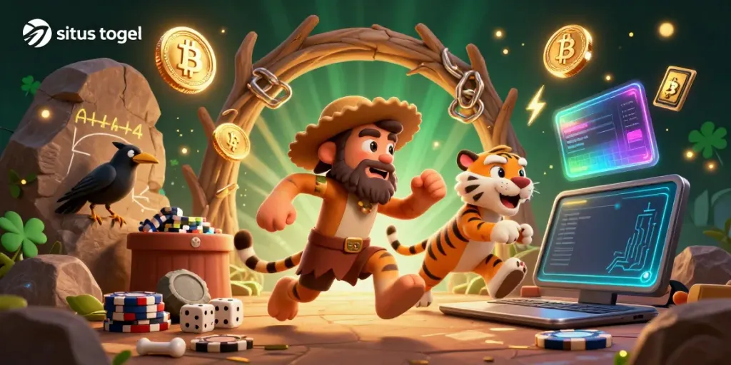 Experience the thrill of situs togel in a vibrant prehistoric casino setting with 3D characters and crypto elements.