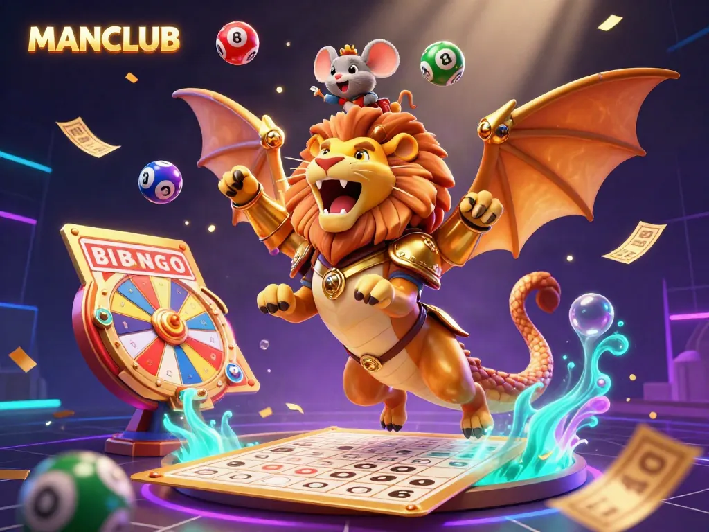 Engage with MANCLUB's thrilling casino experience featuring a vibrant chimera and colorful lottery elements.