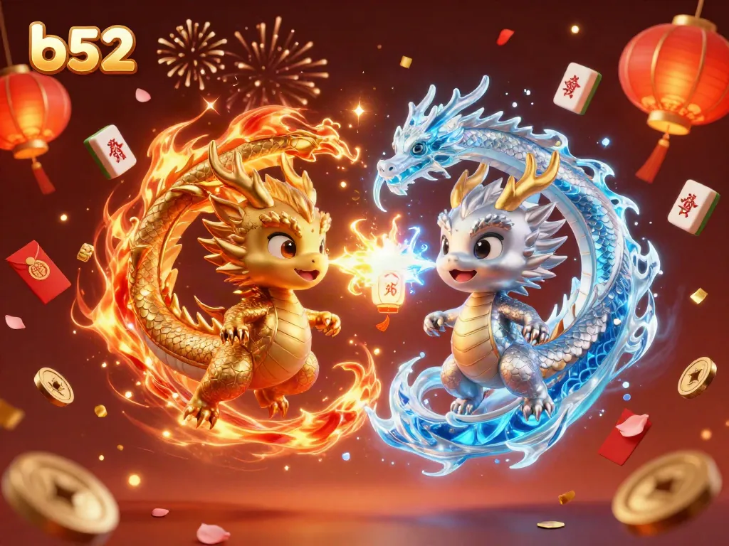 Experience the thrill of b52 gaming with intertwined dragons and festive symbols in a dynamic casino atmosphere.
