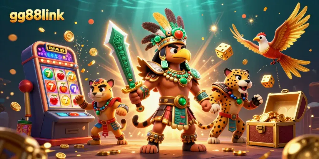 Experience exciting wins with gg88link through a rich casino adventure featuring vibrant slot machines and dynamic characters.
